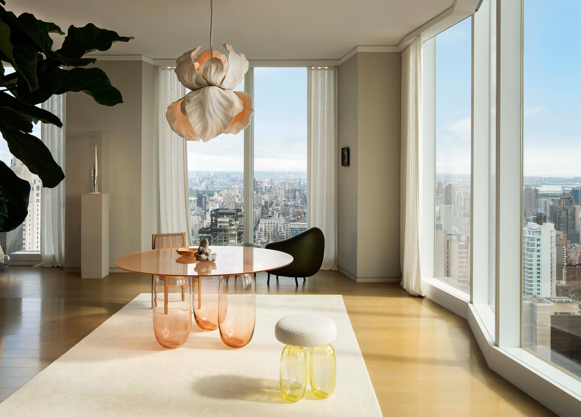 Mathieu Lehanneur's Pied-a-Terre in New York: 'like an island in the sky'. On display against the wall is the Olympic Torch he designed